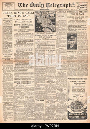 1941 fordert Titelseite Daily Telegraph King George von Griechenland bis Ende im Kampf und u-Boot Krieg Stockfoto