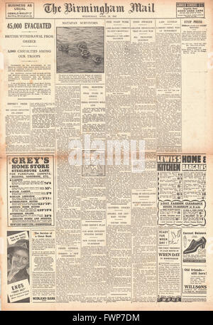 Titelseite 1941 evakuiert Birmingham Mail 45.000 alliierte Truppen aus Griechenland Stockfoto