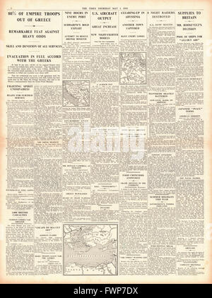 1941-Seite 4 The Times Alliierten Truppen aus Griechenland und US Navy abheben bei der Battle of Atlantic Stockfoto