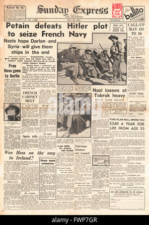 1941-Titelseite Sunday Express Petain behält die Kontrolle der französischen Marine Stockfoto