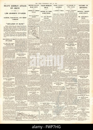 1941 s. 4 die Zeiten deutsche Truppen erobern Kreta, Sieg in Abessinien und britische Streitkräften erfassen irakische Stadt Falludscha Stockfoto