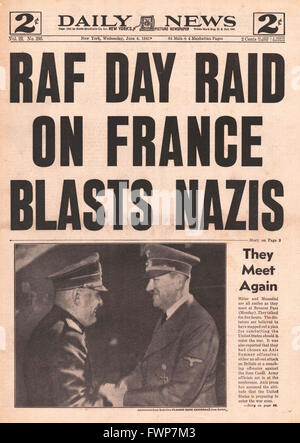 1941-Titelseite Daily News New York RAF Tag Überfall auf Frankreich und Hitler trifft sich Mussolini auf den Brenner Stockfoto