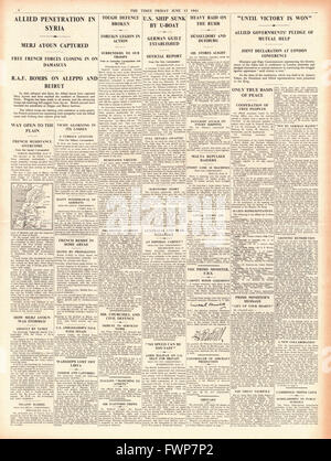 1941-Seite Versprechen 4 The Times Verbündeten gegen Nazi-Deutschland, alliierten Vormarsch in Syrien und RAF Bombe Aleppo und Beirut Stockfoto