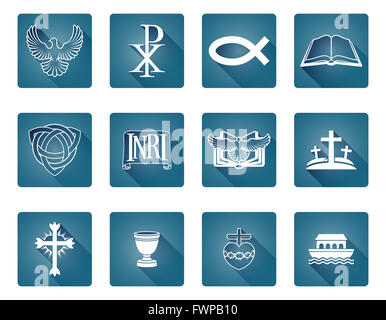 Eine Reihe von religiösen christlichen Symbole und Symbole Inclusing Noahs Arche, Fisch und Kreuz Stockfoto