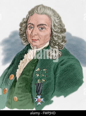 Carl von Linné (1707-1778). Schwedischer Arzt und Botaniker. Porträt. Gravur. Farbige. Stockfoto