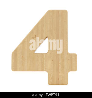 Rendern der Zahl 4 mit Holzstruktur, isoliert auf weiss Stockfoto
