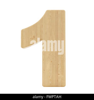 Rendern Sie die Zahl 1 mit Holzstruktur, isoliert auf weiss Stockfoto