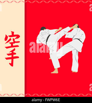 Hieroglyphe des Karate und Männer demonstrieren Karate. Stockfoto