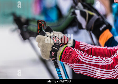 Kyshtym, Russland - 26. März 2016: Massenstart der Skifahrer Athleten, Nahaufnahme von Händen und Skistöcke beim Langlaufen Stockfoto