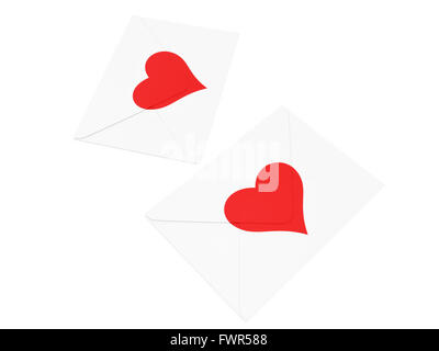 Weißen Umschlag mit roten Herzen Stempel isoliert auf weißem Hintergrund. Stockfoto