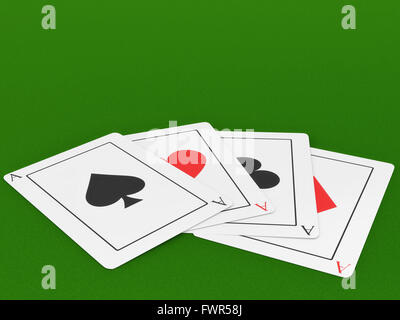 Vier Ass Spielkarten auf einem Filz grün Spieltisch. Stockfoto