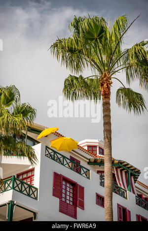 Apartments, Balkone und Palmen, Parque Santiago, Playa de las Americas, Teneriffa Stockfoto