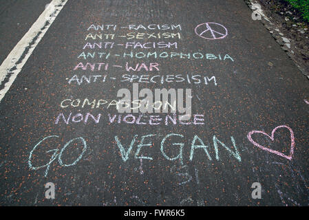 Nachrichten in Kreide auf dem Boden von Animal Liberation Anhängern, in der Nähe von Wiesen in Edinburgh, Schottland, Großbritannien. Stockfoto