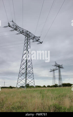 Drei Säulen der Hochspannungsleitungen in Mecklenburg-Vorpommern, Deutschland. Stockfoto