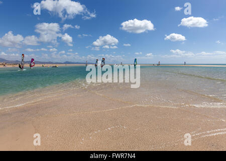 Windsurfer am Strand Playa Risco del Paso, Playa de Sotavento, Jandia, Fuerteventura, Kanarische Inseln, Spanien Stockfoto