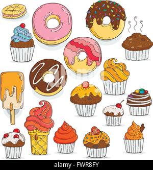 Satz von Candy und Muffins Symbole. Kuchen, Bonbons, Lutscher, Bögen. Stock Vektor