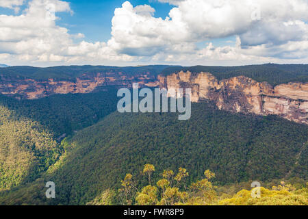 Blue Mountains Felsvorsprüngen von Evans Lookout betrachtet. Katoomba, New South Wales, Australien. Stockfoto