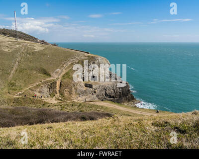 Tilly Laune Höhlen und Coast Path in Durlston Country Park, Dorset, England, Großbritannien Stockfoto