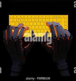 Roboter auf konzeptionelle selbst beleuchtete Tastatur tippen Stockfoto