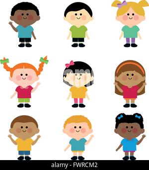 Eine glückliche multiethnische Gruppe von Kindern. Niedliche, abwechslungsreiche, fröhliche Kinder, Jungen und Mädchen. Vektorillustrationssatz Stock Vektor
