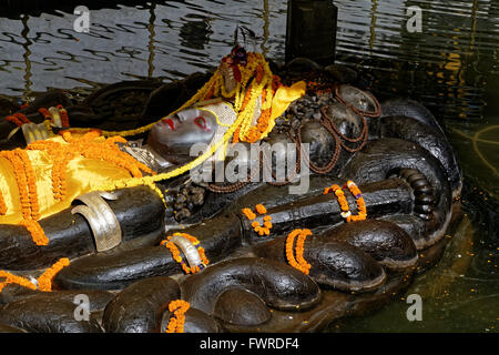 Vishnu-Narayana ruht schlafend auf die Schlange mit mehreren Windungen und Naga Köpfe werden errichtet, um den Gott zu schützen. Stockfoto