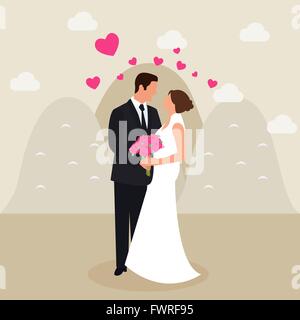 Mann Frau Paar verheiratet sehen Augen Hochzeit Kleid Liebe Herz Blume Eimer in der Hand flach Vektor-Zeichenprogramm Abbildung Stock Vektor
