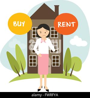 kaufen oder mieten Haus Haus Wohnung Frau entscheiden, Vektor Illustration kaufen mieten Stock Vektor