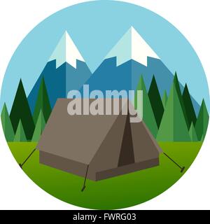 Camp Wald Gebirge flachen grafischen Symbol Abbildung Kiefer Baum Dschungel Vektor Stock Vektor