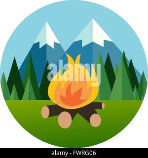 Lagerfeuer im Wald Berg flach Symbol Kiefer Baum Dschungel Vektorgrafik Stock Vektor