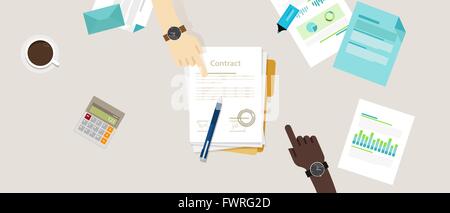 Melden Sie Papier viel Vertrag Vereinbarung Hand Stift auf Schreibtisch zwei Menschen flache Business Illustration Vektor Stock Vektor