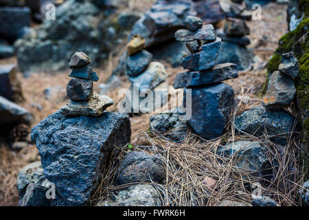 Meilensteine auf dem Wanderweg La Cumbrecita - Lomo de las Chozas. La Palma, Teneriffa, Kanarische Inseln, Spanien Stockfoto