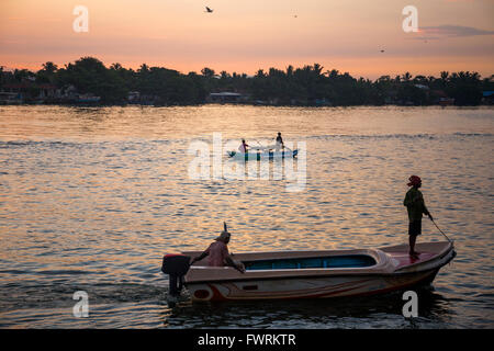 Fischer in Negombo Lagune im Morgengrauen, Sri Lanka Stockfoto