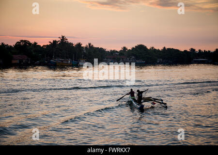 Fischer in Negombo Lagune im Morgengrauen, Sri Lanka Stockfoto