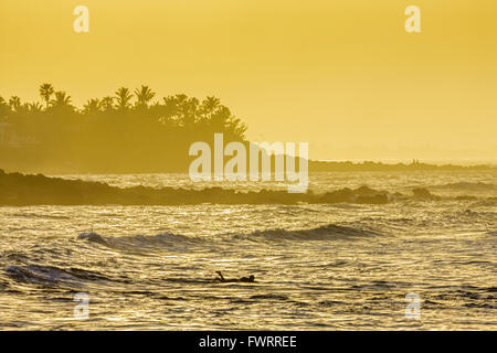 Hookipa Beach auf Maui bei Sonnenaufgang mit Surfer paddeln heraus zum Meer Stockfoto