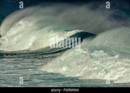 Surfer paddeln um riesige Sturmwellen aus Maui Stockfoto