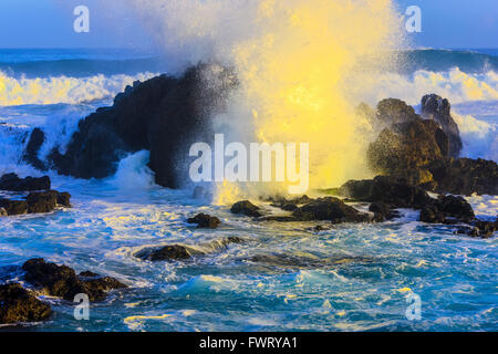 riesige Wellen brechen sich am Felsformationen Ho'okipa Beach, Maui Stockfoto