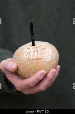 Hand hält eine Marks and Spencer trinkende Bio Kokosnuss mit Strohhalm Stockfoto