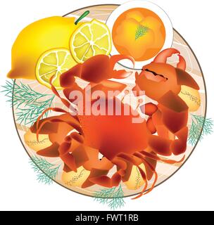 Küche und Essen, Darstellung der Krabbe mit Beinen und Scheren mit Zitronenscheiben und Buttersauce serviert isoliert auf weißem Rücken Stock Vektor