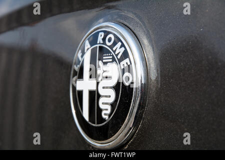 Nahaufnahme von einem Alfa Romeo Emblem Stockfoto