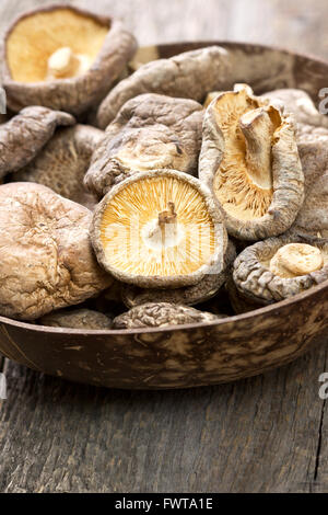 getrocknete Shiitake in einer Schüssel auf einem hölzernen Hintergrund Stockfoto