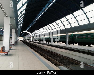 Chisinau, Republik Moldau - 26. November 2013: Zug nach Moskau fahren vom Bahnhof in Chisinau, Moldawien Chisinau wird vorbereitet Stockfoto