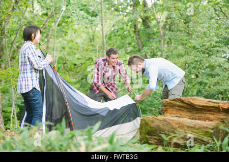 Multi-ethnischen Gruppe von Freunden, die ein Zelt auf einem Campingplatz aufstellen Stockfoto