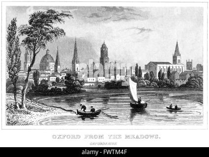 Ein Stich einer Stadtlandschaft der träumenden Türme von Oxford aus den Meadows UK, der in hoher Auflösung aus einem um 1845 gedruckten Buch gescannt wurde. Stockfoto