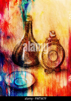 Kolben und Wein Karaffe auf Papier zeichnen. Original Hand zeichnen und Farbwirkung. Stockfoto