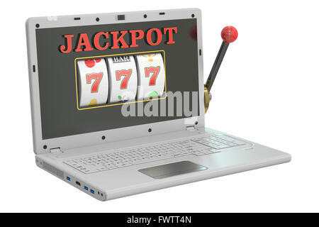 Online-Glücksspiel-Konzept mit Laptop-Slot-Maschine. 3D-Rendering Stockfoto