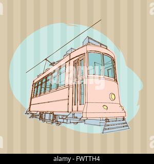 Vector retro Straßenbahn. Hand gezeichnet Abbildung: vintage Straßenbahnwagen. Stock Vektor