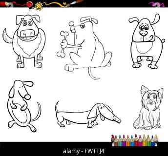 Schwarz / Weiß Cartoon Illustration Hunde Tier Zeichen Set Malbuch Stock Vektor