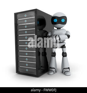 Roboter und Server auf weißem Hintergrund (durchgeführt in 3d) Stockfoto