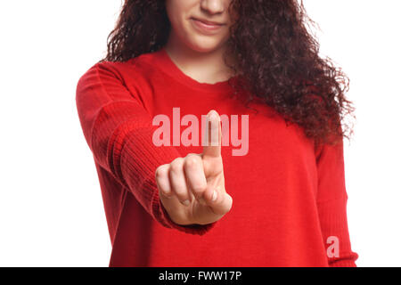 Mädchen zeigen mit dem Zeigefinger Stockfoto