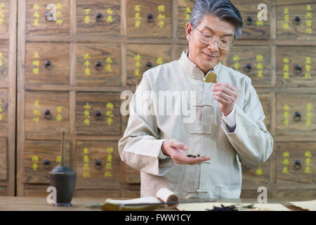 Senior-chinesischen Arzt Überprüfung Heilkräuter Stockfoto